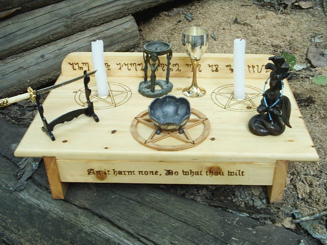 Sample wiccan altar adorned with ritual tools not included